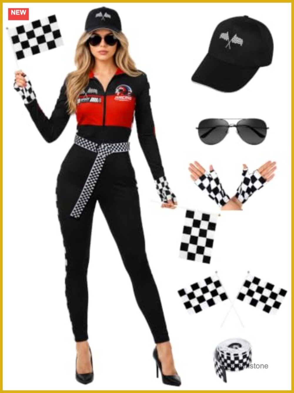 AOTHSO 7 PCS Racing Driver Costume Set Black Jumpsuit Cosplay Women's Halloween